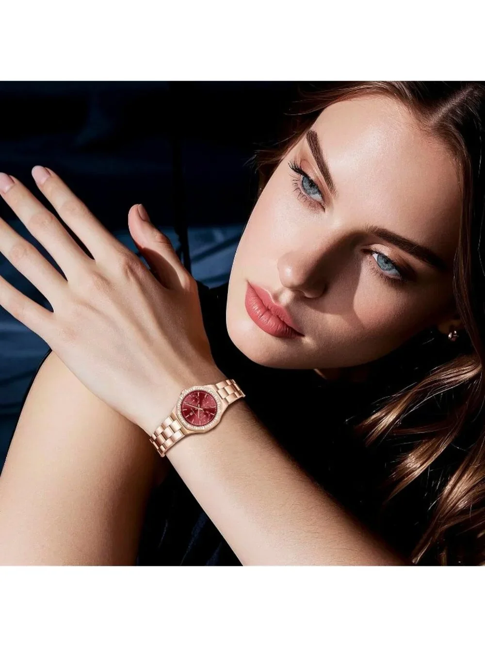 Women's Rose Gold Strap/ Red Round Face Luxury Waterproof Elegant Wrist Watch